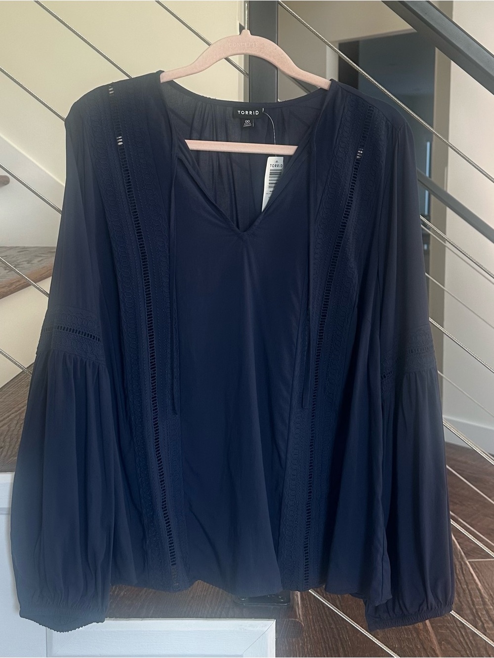 Torrid Navy Blue Peasant Blouse Top Boho Embroidered Lace Long Sleeve | Size: 00